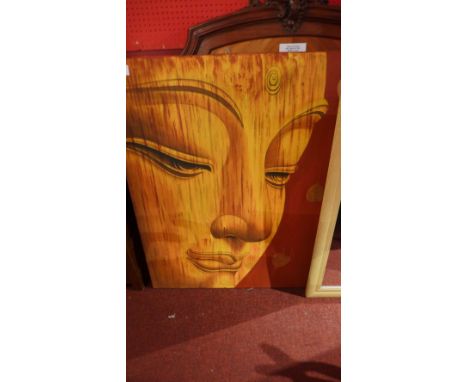 A large contemporary oil on canvas portrait of Buddha with gilt leaves on a red background