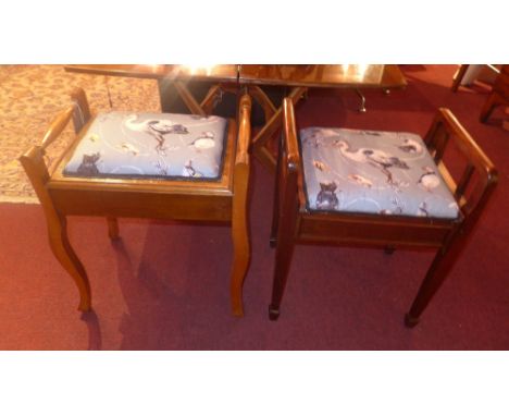 Two piano stools upholstered in House of Hackney fabric depicting various birds