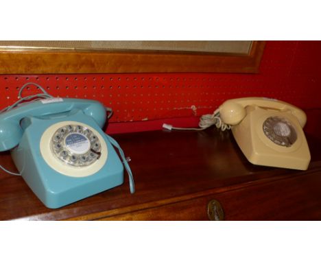 Two vintage retro telephones, one cream, one blue (2) 