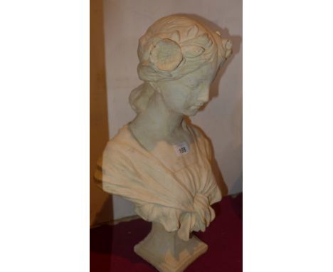 A reconstituted stone portrait bust of a young lady, signed indistinctly verso 