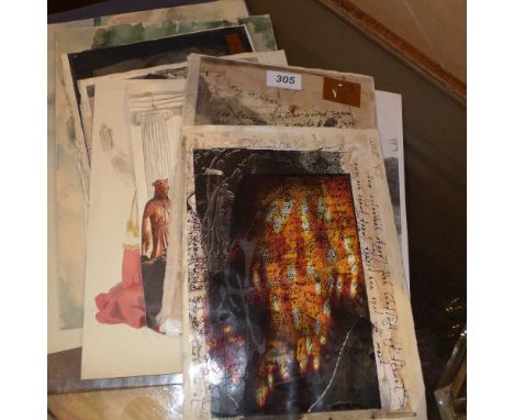 A collection of unframed pictures including a watercolour landscapes, a portrait of a pope, woodcut prints, a pencil landscap