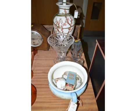 A large ceramic table lamp; a cut glass trumpet-shaped vase; a chamber pot; sundry glass and china.