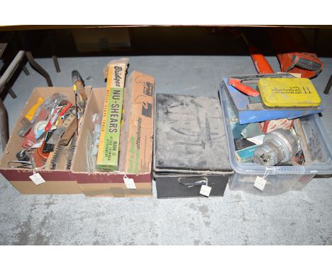 Four boxes of tools and various items.