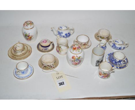 Miniature tea ware, to include: Coalport 'Willow' pattern tea service; commemorative tea cups and saucers; a pair of Hammersl
