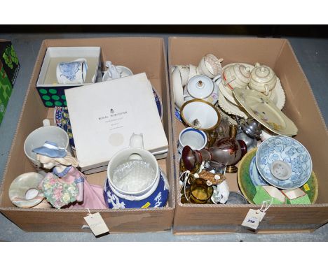 Two boxes of miscellaneous ceramics, including: a Continental figure; a Royal Worcester porcelain plate; a 19th Century trans