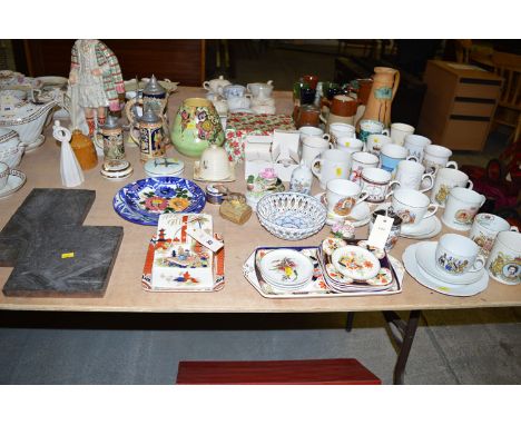 A collection of commemorative ware tankards; tea cups; saucers; plates; decorative china and sundries; and a hand-cut lead pr
