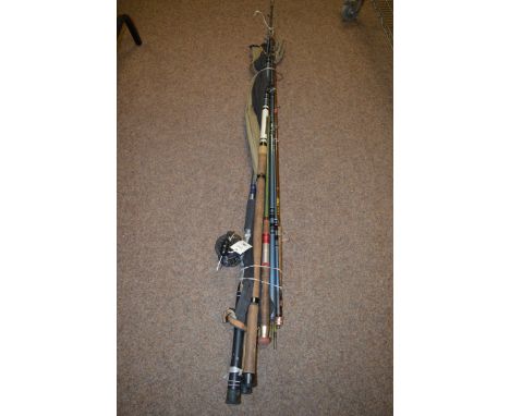 A three-piece match rod; three Milborough rods various; and two boat rods; and one reel.