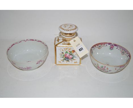 An early 19th Century Chinese 'Famille Rose' bowl; and another bowl; a French white ware tea caddy decorated with floral spra