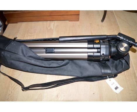 A camera tripod in nylon case.