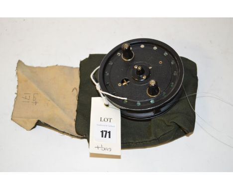An Alcock's Flick-em 4in. reel with two black handles and tension screw, sold with canvas bag.