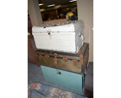 Two painted tin trunks; together with another trunk.  (3)