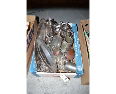 A box of silver plated cutlery; tea service; oval tray; and other various metalware.