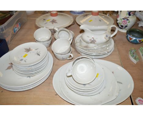 Royal Doulton 'Tumbling Leaves' part tea and dinner service, comprising: a pair of tureens, plates, side plates, tea cups, se