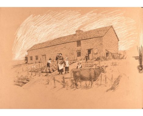 Unknown illustration. ill Paul Birkbeck 1939-2019. Family working with farmhouse. 45 x 64cm, not signed. ABOUT PAUL BIRKBECK;