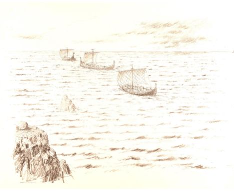 Vikings for BBC TV - Three illustrations. Paul Birkbeck 1939-2019. Preparations on long boats and journeys by sea, the larges