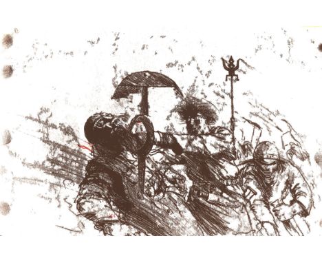 Vikings for BBC TV. Two illustrations. Paul Birkbeck 1939-2019. Battle scenes, the largest 42 x 60 cm, not signed. ABOUT PAUL