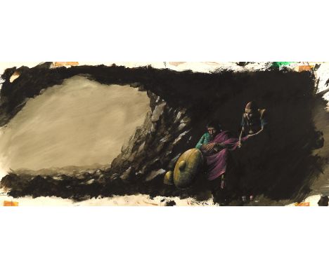 Kings possibly for BBC TV. Ill. Paul Birkbeck 1939-2019. Solomon and David hiding in cave, 27 x 59 cm, not signed. ABOUT PAUL