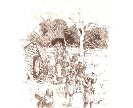 Vikings for BBC TV - Two illustrations. Paul Birkbeck 1939-2019. Battle scene and preparation, the widest 33 x 46 cm, not sig