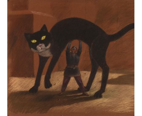 Zig Zag, Norse Legends for BBC TV. Útgarða-Loki. ill, Paul Birkbeck 1939-2019. Norse myth, Thor lifts the Giant Cat who was, 