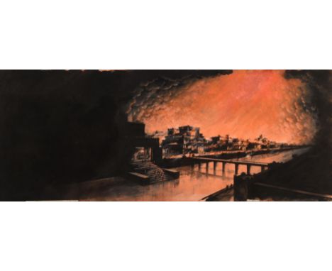 Possibly from In The Beginning Old Testament / New Testament for BBC TV & Books. Paul Birkbeck 1939-2019. City in flames, 22 