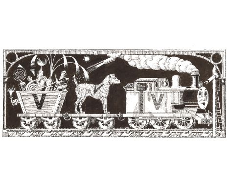 Lucinda Lamptons Alphabet of Britain BBC TV. Paul Birkbeck 1939-2019. Train with letter V, card size 16 x 32 cm, not signed. 