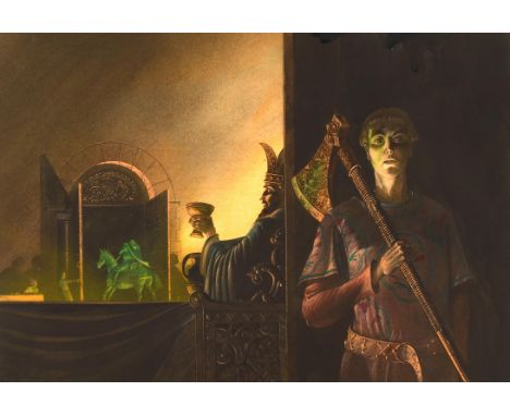 For The British Council, Gawain and the Green Knight (JRR Tolkein), ill, Paul Birkbeck 1939-2019, Sir Gawain holding the axe 