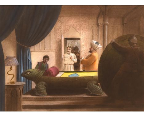 Haroun and the Sea of Stories, illustration for the novel by Salman Rushdie. Ill. Paul Birkbeck 1939-2019. Interior scene, in