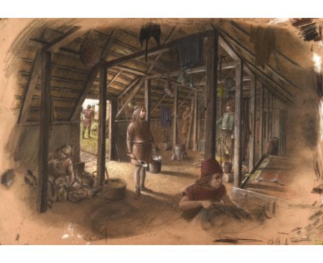 Celtic Britain for English Heritage. ill Paul Birkbeck 1939-2019. Interior scene. 46 x 64 cm. Not signed. ABOUT PAUL BIRKBECK