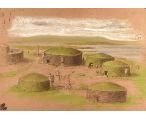 Celtic Britain for English Heritage. Two illustrations of settlements. ill Paul Birkbeck 1939-2019. Each 45 x 64cm, not signe