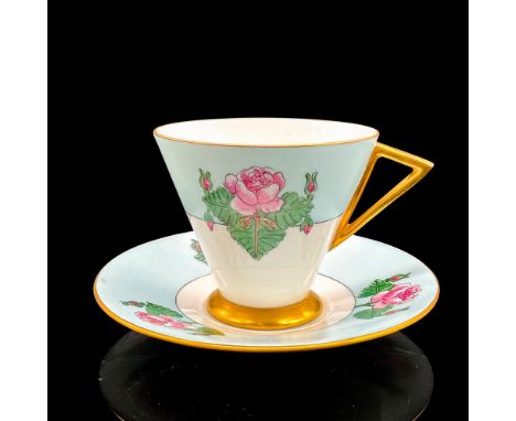 Vintage white bone china with pink roses, gilt rim. Eve shape. Tea cup 4.25"L x 3.5"W x 3"H. Saucer 0.75"H x 5.5"dia. Shelley