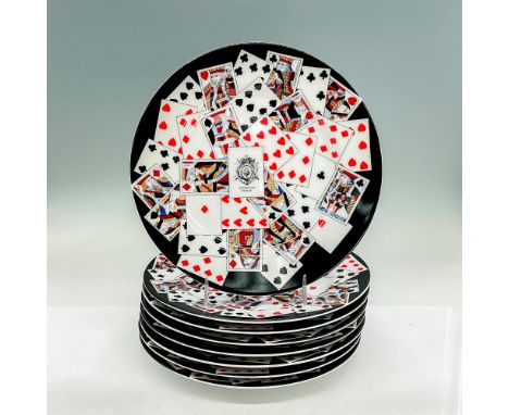 Eight porcelain salad plates with a lively design of Colonial Williamsburg playing cards on a black background. Andrea by Sad