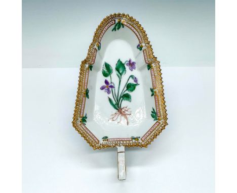 Lovely, handled triangle dish hand painted with delicate purple flowers, ornate saw-toothed edge with gold gilt. Royal Copenh