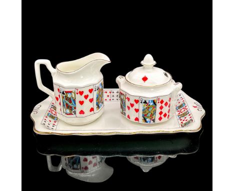 White bone china serving set in a lively design of playing cards. Elizabethan backstamp. Sugar bowl 4.5"L x 3.75"W x 4.5"H. C