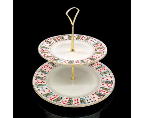 Serving stand in white china with a lively design of playing cards. Elizabethan backstamp. Dimensions: 10"H x 10.5"diaManufac