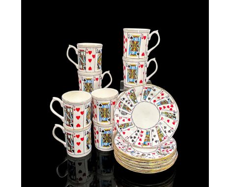 White bone china serving set in a lively design of playing cards. Elizabethan backstamp. Mugs 4.25"L x 3"W x 3.5"H. Small pla
