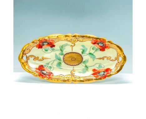 Gorgeous long bowl with a huge gold band around the entire edge accentuating the light green finish and fire-red hand painted