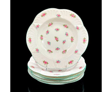 White bone china bowls with pink rose motif, light turquoise rim, 1.5"H x 8"dia. Shelley England backstamp. Manufacturer: She