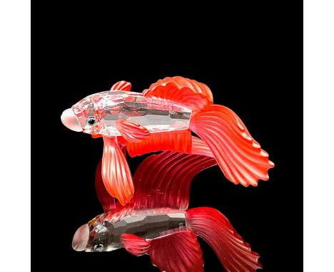 Sparkling faceted and molded crystal figurine modeled as a Siamese fighting fish with flowing red fins and blue-green eyes. S