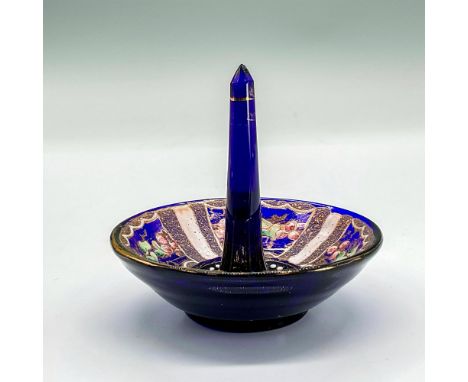 Cobalt blue ring holder dish with enameled design and gold accents. Dimensions: 3.25"H x 3"diaCondition: Age related wear.