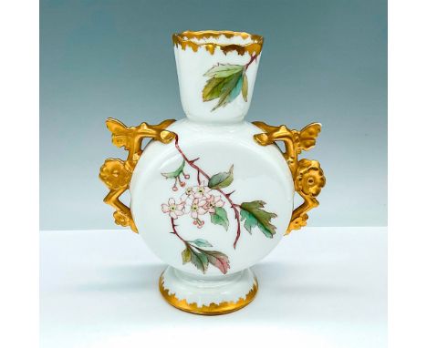 Gorgeous fine white porcelain flask shaped vase decorated with strong gilding and hand painted cherry blossoms. The gold hand