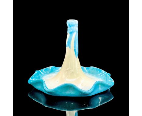 Hand painted ring holder dish with blue ruffled border. Dimensions: 2.75"H x 3.5"diaCondition: Age related wear.