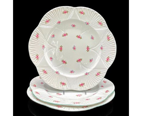 White bone china plates with pink rose motif, light turquoise rim, 0.75"H x 10.75"dia. Shelley England backstamp. Manufacture