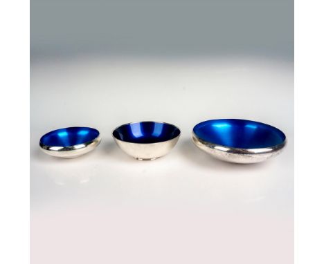 Three stunning blue enamel on silverplate. Largest bowl measures 2.25"H x 7.75"dia. Stamped E. Dragstead. Issued: 20th Centur