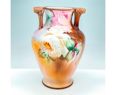 Beautiful hand painted urn shaped vase decorated with lovely white and pink roses on a blue and brown background. Squared off