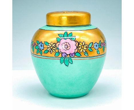 Stunning ginger jar shaped vessel finished in light green with hand painted flowers over large, gilded band. Includes interna
