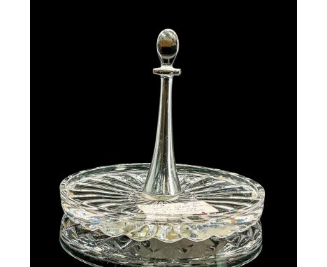 Elegant flat clear cut crystal ring holder with sunburst design on the bottom. Silver tone post. Dimensions: 3.75"H x 3.5"dia