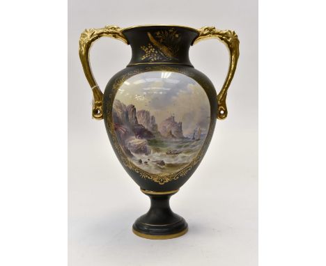 A large urn with twin handles (with dragon) a hand painted seascape panel, dark green ground with gilding, British (A/F)