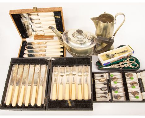Two boxed sets of 1930s coffee bean spoons, two boxed sets of fish-eaters, teapot and hot water jug, commemorative 1910-1935 