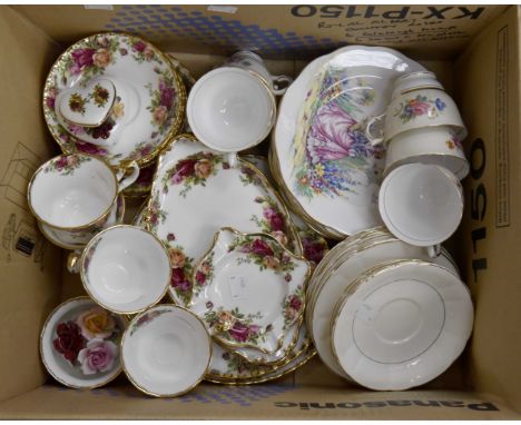 Royal Albert 'Country Roses', four cups/four saucers/four tea plates, posy, heart shaped bowl and cover, three dessert plates