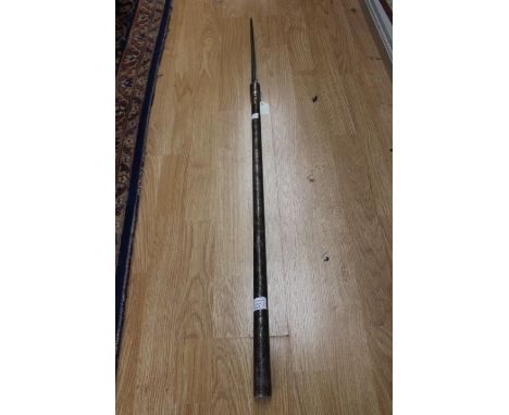 A replica Medieval dagger with 325mm long quatrefoil blade. Black leather bound grip. Clover shaped steel guard and circular 